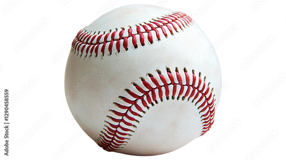 A baseball , showcasing its pristine white leather surface, bold red double stitching, and slightly textured grain isolated on white background.. Suitable for marketing or business purposes. PNG file A baseball , showcasing its pristine white leather surface, bold red double stitching, and slightly textured grain isolated on white background.. Suitable for marketing or business purposes. PNG file