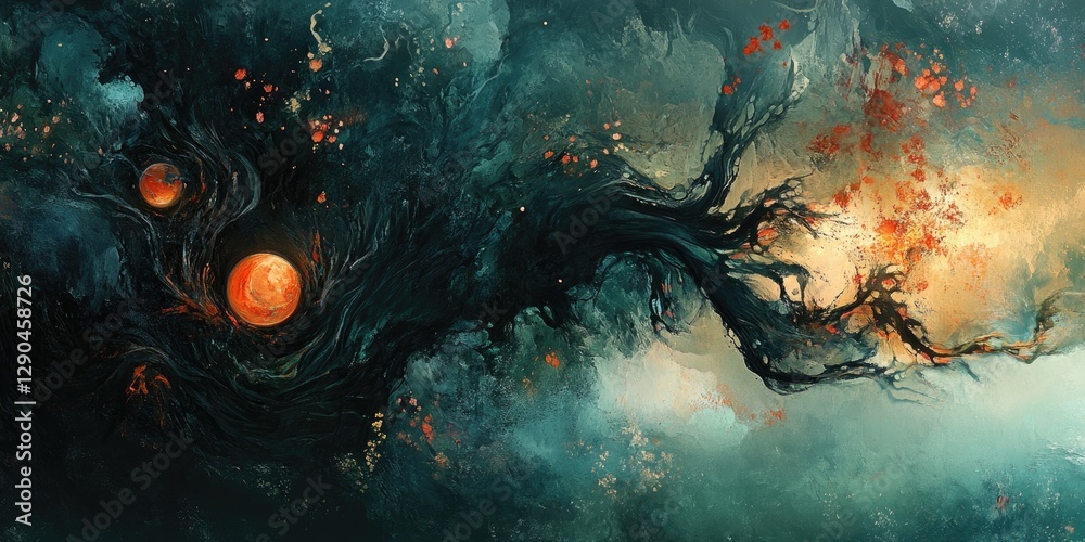 Surreal cosmic landscape with dark swirling trees on the left, bright orange planets, and vibrant colors in the background creating an ethereal atmosphere. Surreal cosmic landscape with dark swirling trees on the left, bright orange planets, and vibrant colors in the background creating an ethereal atmosphere.