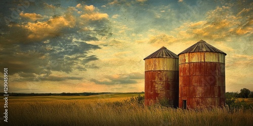 Rusty silos under a dramatic sky at sunset surrounded by golden fields and tall grass, showcasing rich textures and warm earthy tones.