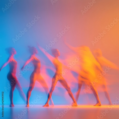 Dynamic Motion Blur of Improv Troupe in Vibrant Stage Lighting - Capturing Spontaneous Creativity for Modern Entertainment Marketing and Audience Engagement Strategies photo