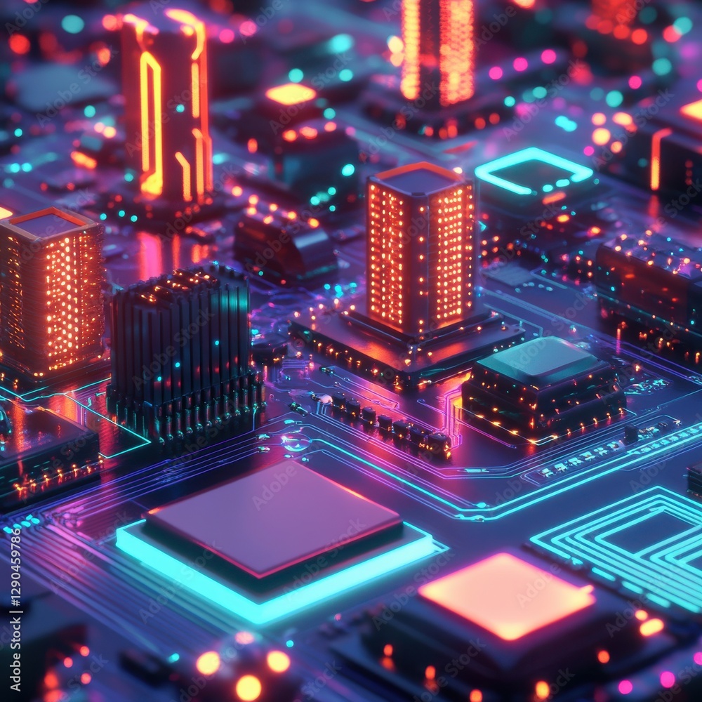 Obraz premium 3D rendering of an isometric futuristic scene with neon light-glowing computer chips and buildings on a circuit board background (1)