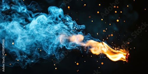 Vibrant display of ignited fuse emitting bright orange flames and swirling blue smoke, set against a deep black background with sparkling particles.