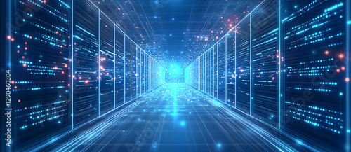 Blue glowing light, data center background banner with server room in dark. Big digital technology concept for web design. Big digital technology concept for web design