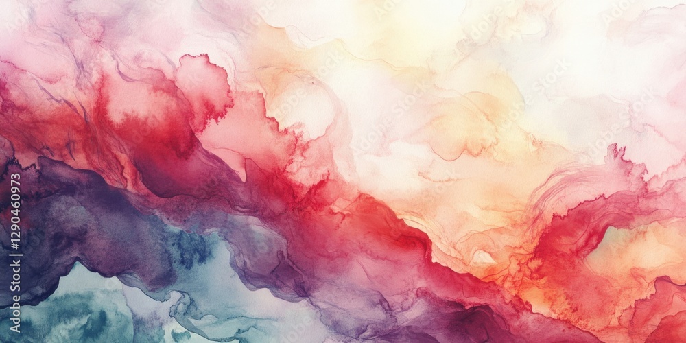 Fototapeta premium Abstract watercolor background featuring soft hues of red, pink, and blue swirling together with ethereal textures for banners and artistic designs.