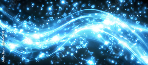 Abstract background with a blue, glowing wave of digital connections and data flow in space on a dark blue background. Big Data technology concept, AI, or a stock market exchange symbol.