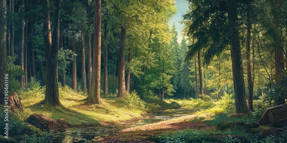 Obraz premium Lush summer forest scene with vibrant green trees and softly illuminated stream, providing a serene landscape of natural beauty and tranquility.