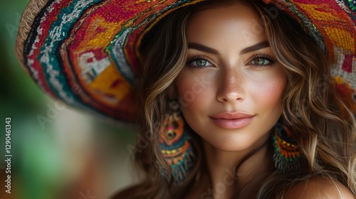 Mexican woman wearing sombrero and colorful earrings smiling