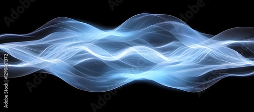 Abstract background with a blue, glowing wave of digital connections and data flow in space on a dark blue background. Big Data technology concept, AI, or a stock market exchange symbol.