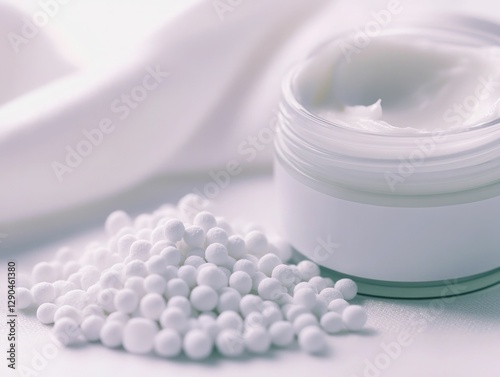 Open jar of white cream with scattered urea granules, soft pastel background photo