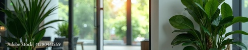 Partially open glass office door, lush potted plant visible , building, interior, pot Free Download Partially open glass office door, lush potted plant visible , building, interior, pot - GFXLoad