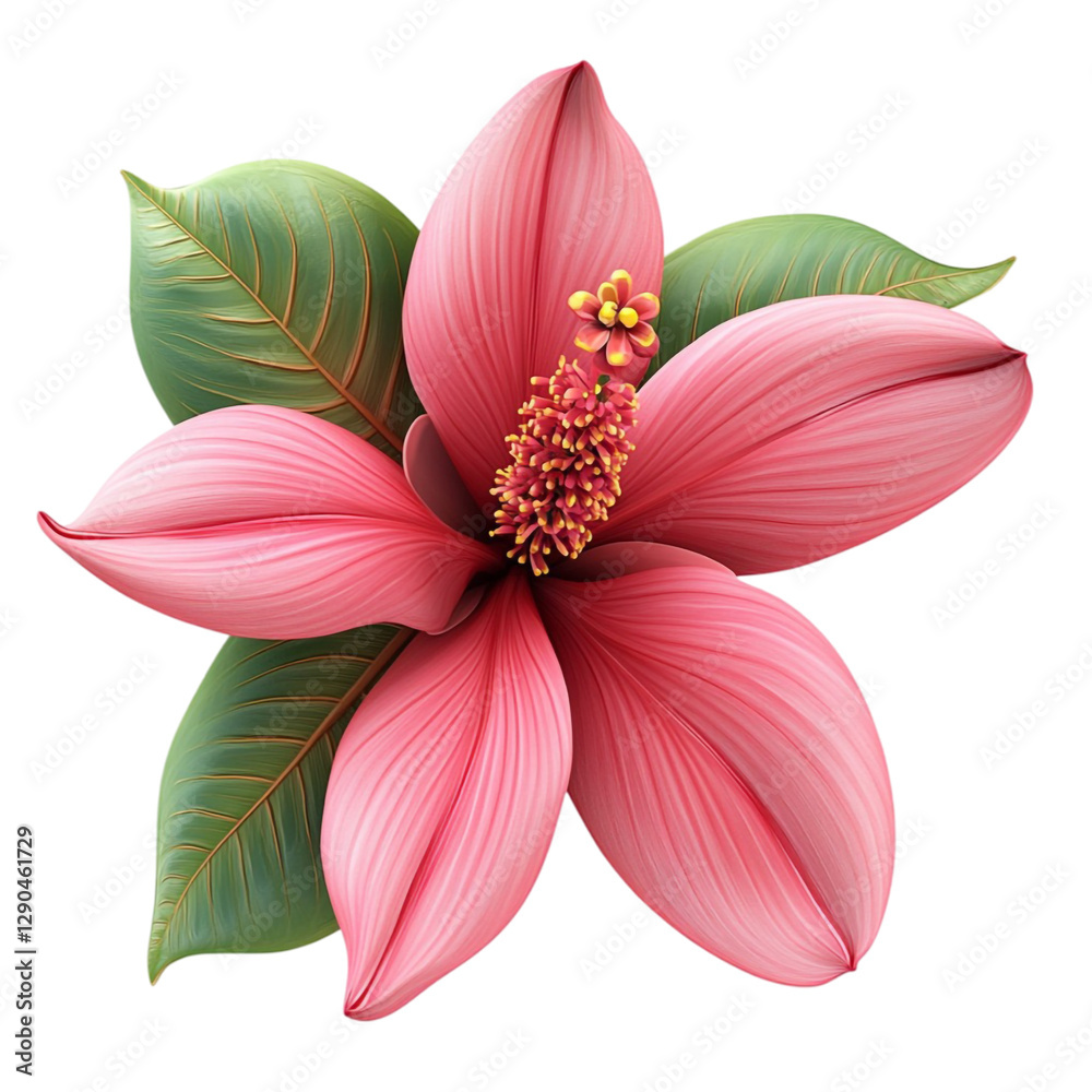 Obraz premium Pink tropical flower blossom vibrant petals lush green leaves