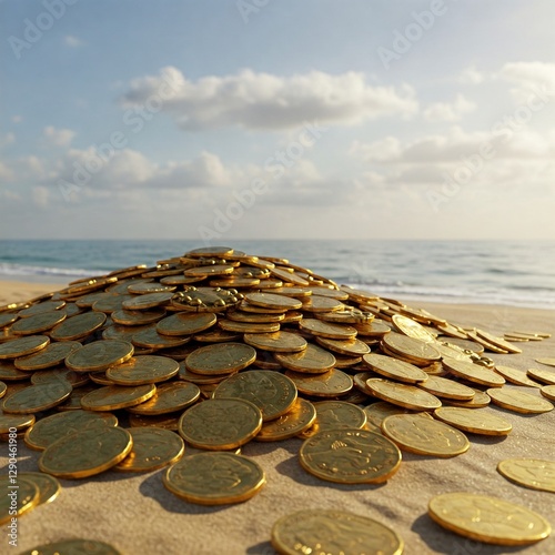 pile of golden coins on the beach trasure