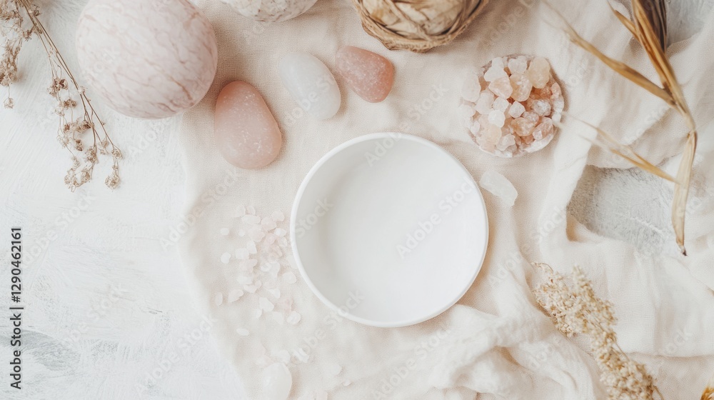 Naklejka premium Tranquil Wellness Flatlay Pastel Pink Stones Surrounding a White Dish on Cream Linen - Ideal for Spa Branding and Serene Lifestyle Promotions