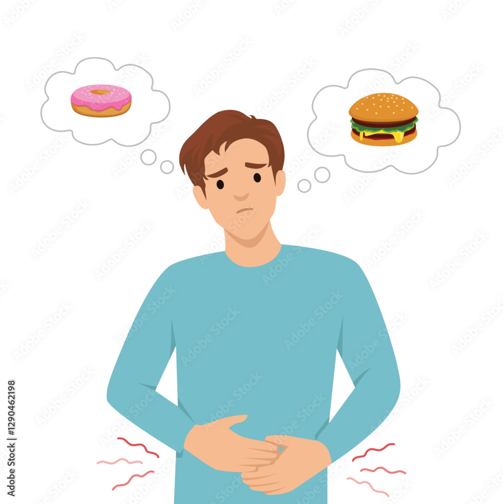 Man holding his stomach feels hungry while thinking about a donut and a hamburger. Flat vector illustration isolated on white background Man holding his stomach feels hungry while thinking about a donut and a hamburger. Flat vector illustration isolated on white background