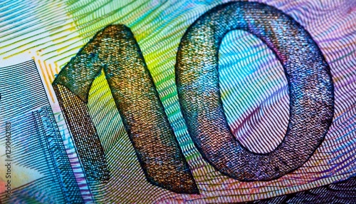 Extreme close-up of a holographic security pattern on a banknote, showcasing intricate details and color-shifting elements. The shot highlights the complexity and technology used to prevent photo