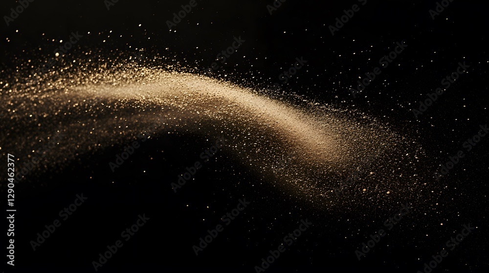Sparkling golden glitter particles creating an arc against a black background Sparkling golden glitter particles creating an arc against a black background