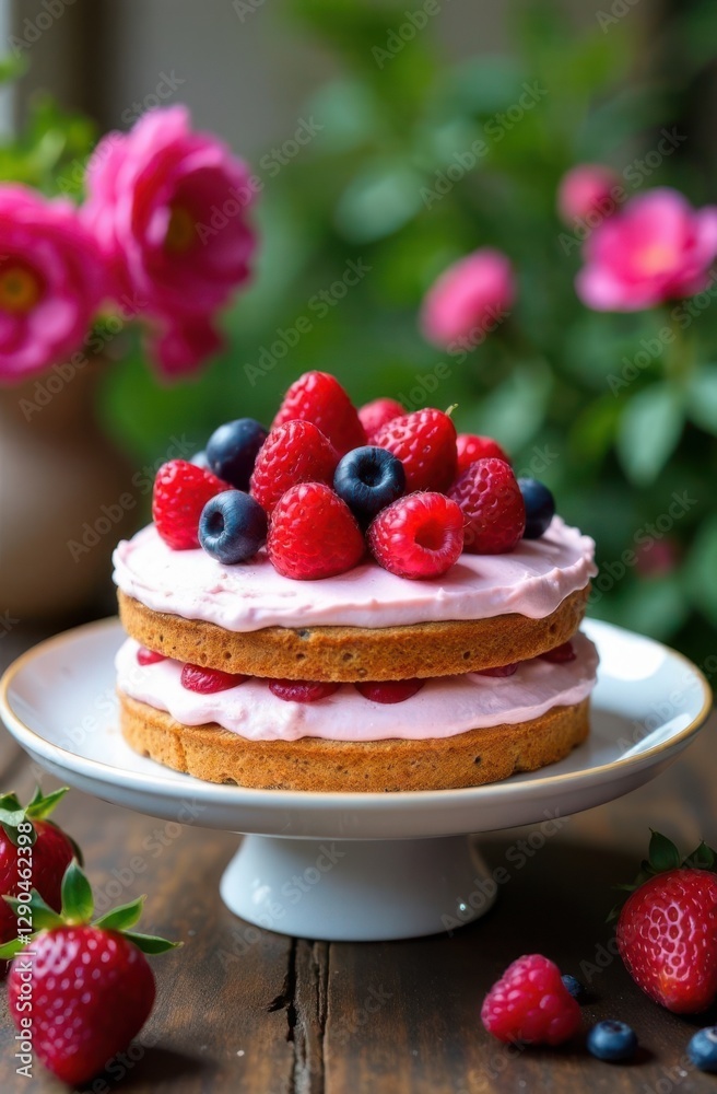 Delicious layered cake with pink frosting and fresh berries