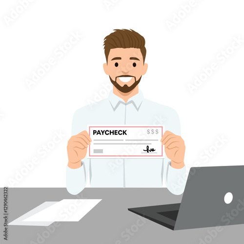 Cheerful man holds up his paycheck while sitting at a desk with a laptop and documents. Flat vector illustration isolated on white background
