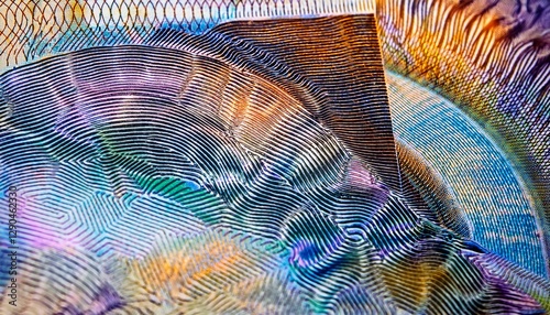 Extreme close-up of a holographic security pattern on a banknote, showcasing intricate details and color-shifting elements. The shot highlights the complexity and technology used to prevent photo