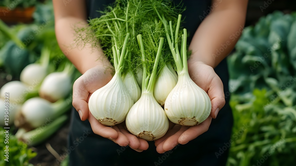Fototapeta premium Freshly Harvested Fennel Bulbs Held in Hands Organic Vegetable Produce Healthy Food