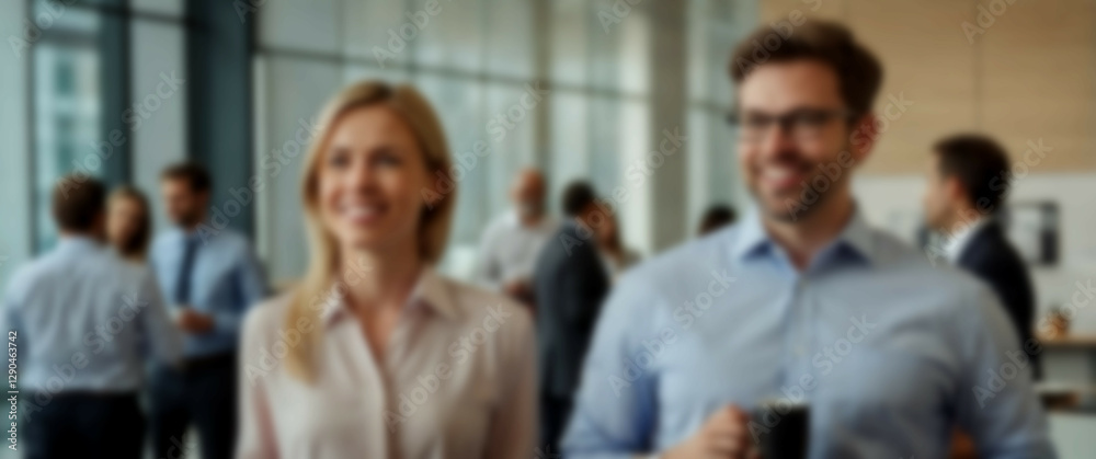 Blurred background capturing a calm morning coffee scene among business associates in professional attire Blurred background capturing a calm morning coffee scene among business associates in professional attire