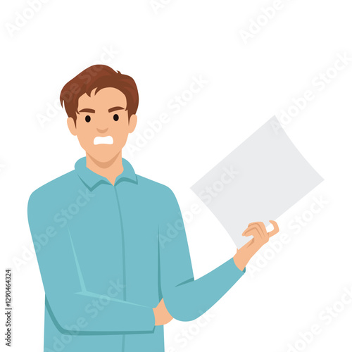 Young man with an angry expression holds a piece of paper, seemingly upset or disappointed. Flat vector illustration isolated on white background