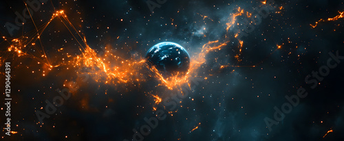 Global With Fire, Earth Falling Galaxy, Universal Space Background, Copy Space , Earth , fire with earth , Burning earth on fire caused of Global Warming effect , background.