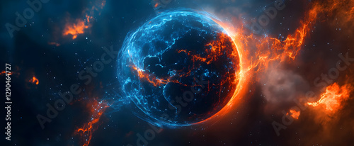 Global With Fire, Earth Falling Galaxy, Universal Space Background, Copy Space , Earth , fire with earth , Burning earth on fire caused of Global Warming effect , background.