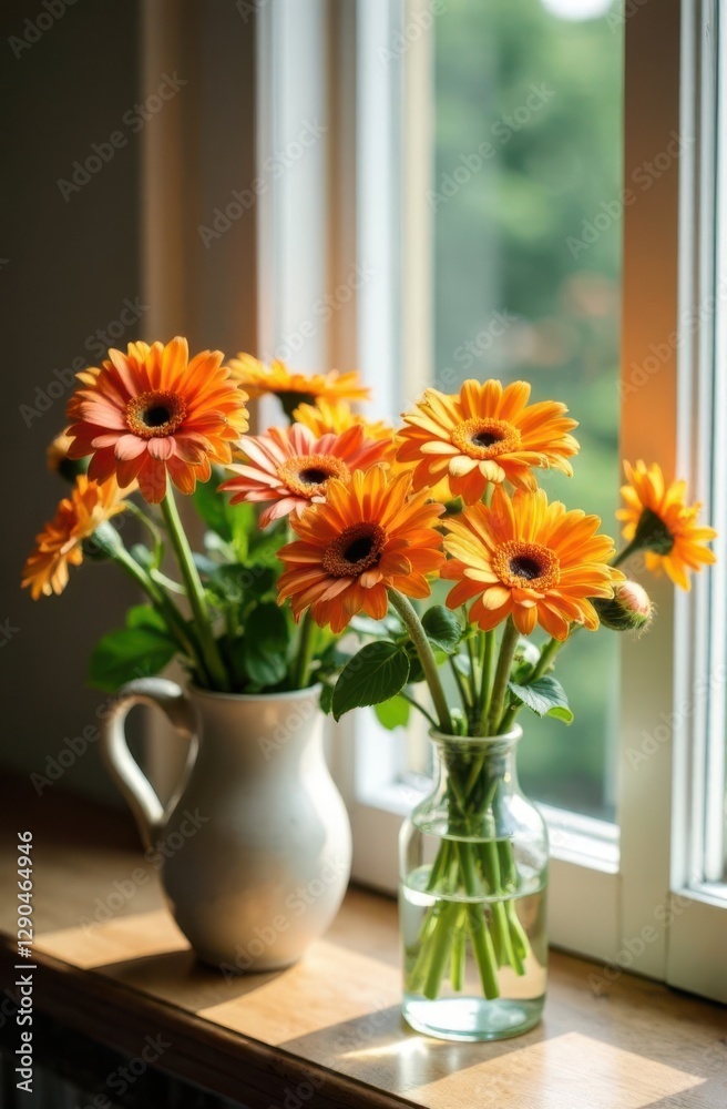 Fototapeta premium Orange gerbera flowers illuminating windowsill with natural light