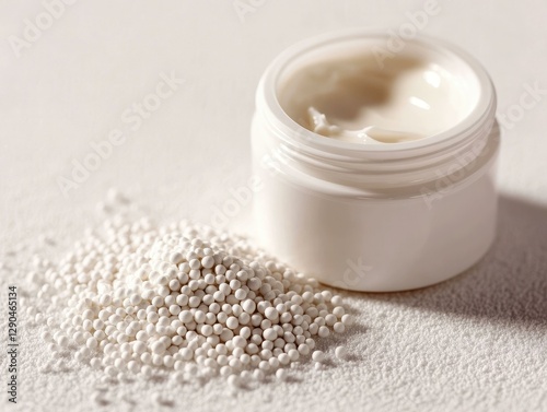 Open jar of moisturizing cream with white urea granules on a smooth surface, soft neutral background, skincare concept