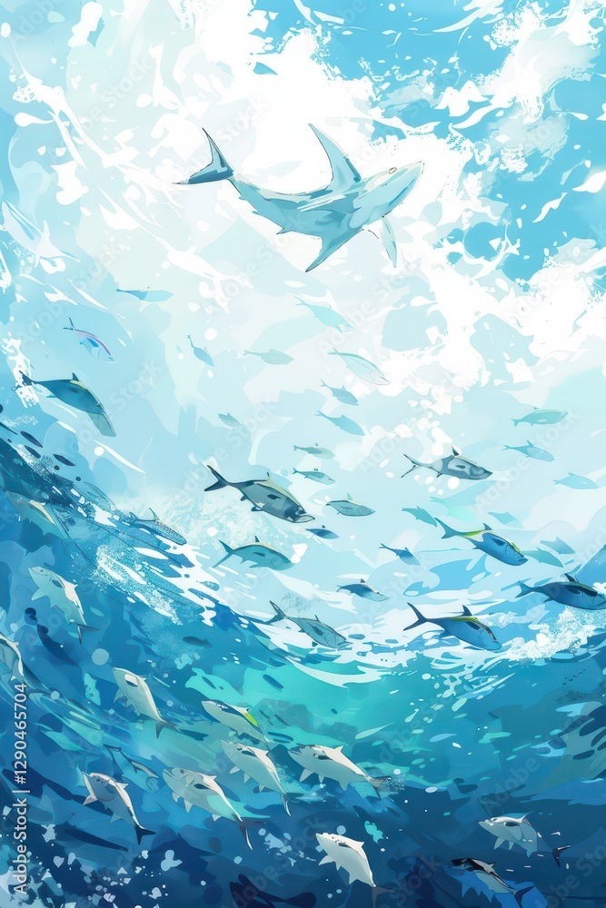 Obraz premium Celebrating world tuna day underwater scene with vibrant marine life. Vertical banner. Copy space