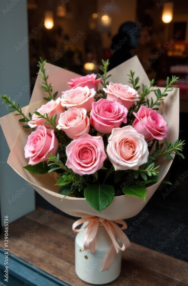 Obraz premium Bouquet of pink roses wrapped in brown paper rests on a wooden surface