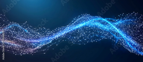 Abstract background with a blue, glowing wave of digital connections and data flow in space on a dark blue background. Big Data technology concept, AI, or a stock market exchange symbol.