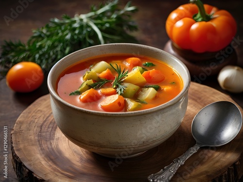 Minestrone soup in a bowl with vegetables and herbs, captured from an angle view, featuring a vibrant presentation, suitable for food photography.
 photo