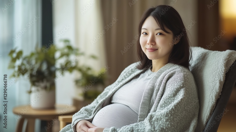 A serene pregnant woman relaxing on a chair, showcasing comfort and joy in a peaceful home setting. A serene pregnant woman relaxing on a chair, showcasing comfort and joy in a peaceful home setting.