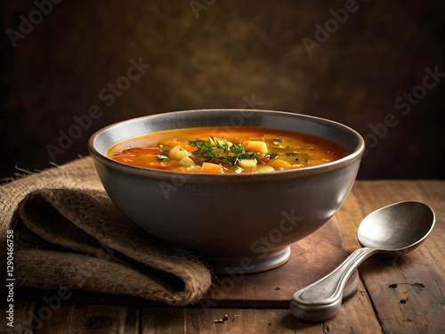 Minestrone soup in a bowl with vegetables and herbs, captured from an angle view, featuring a vibrant presentation, suitable for food photography.
 photo