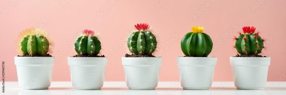 Fototapeta premium Miniature cacti in white pots, bright background, aesthetic, simple, mini