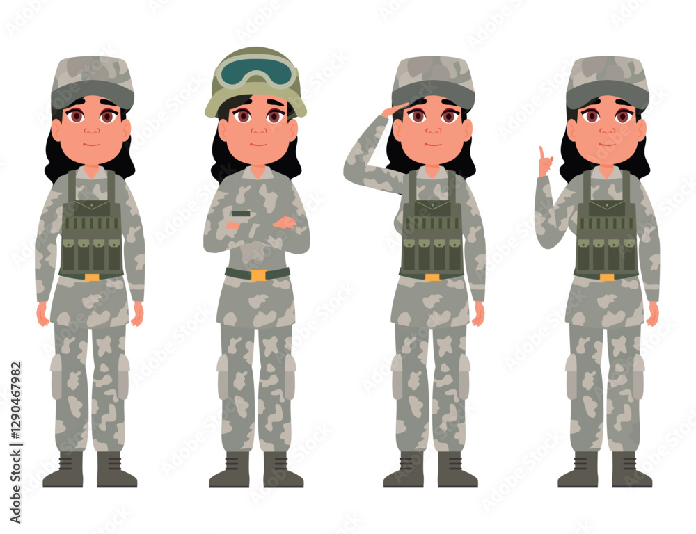 Naklejka premium Military woman in various poses. Woman soldier cartoon character. Female soldier character for design infographics and announcements