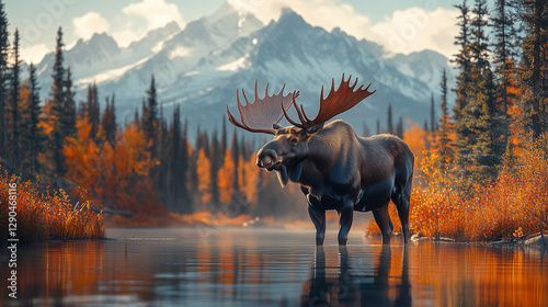 Majestic moose standing in a tranquil lake surrounded by vibrant autumn foliage and mountains in the background. Generative AI