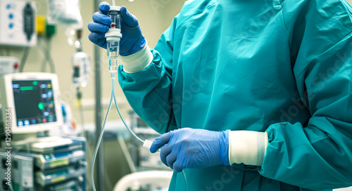 Medical professional in a sterile hospital setting, wearing teal scrubs and gloves, managing IV drips for patient care and life-saving treatment
