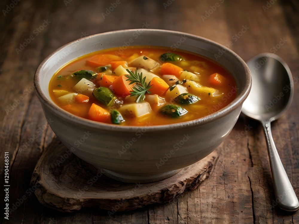 Minestrone soup in a bowl with vegetables and herbs, captured from an angle view, featuring a vibrant presentation, suitable for food photography.
Minestrone soup in a bowl with vegetables and herbs, captured from an angle view, featuring a vibrant presentation, suitable for food photography.