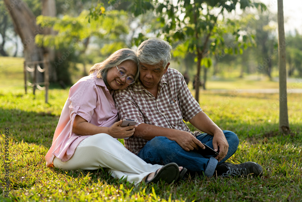 Fototapeta premium Happy senior couple using smartphone in public park