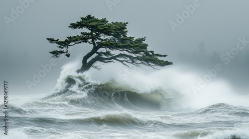 Stormy seas; lone tree; powerful waves; coastal landscape photo