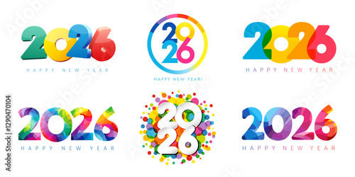2026 colorful big set of Happy New Year logo design. Vertical and horizontal design templates 20 26 for New Year greeting cards or calendar covers. Vector illustration