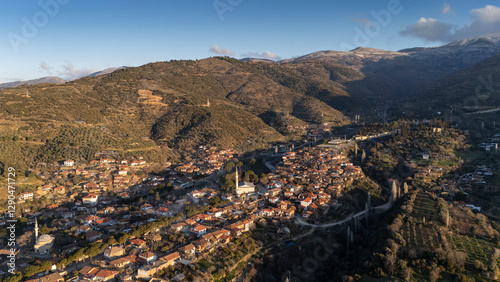 Architecture stone buildings, traditional Turkish village houses in touristic place Birgi, Izmir. Landscape with aerial drone. photo