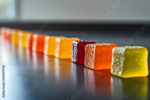 A scattered pattern of fruity gummy candies in multiple colors, arranged dynamically for branding, promotional materials, and product packaging, book illustration style