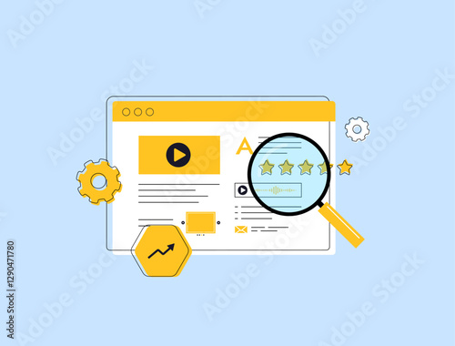 Content research - digital marketing by identifying trends and analyzing data tools. Effective research helps create interactive content and optimize digital marketing strategies. Vector illustration