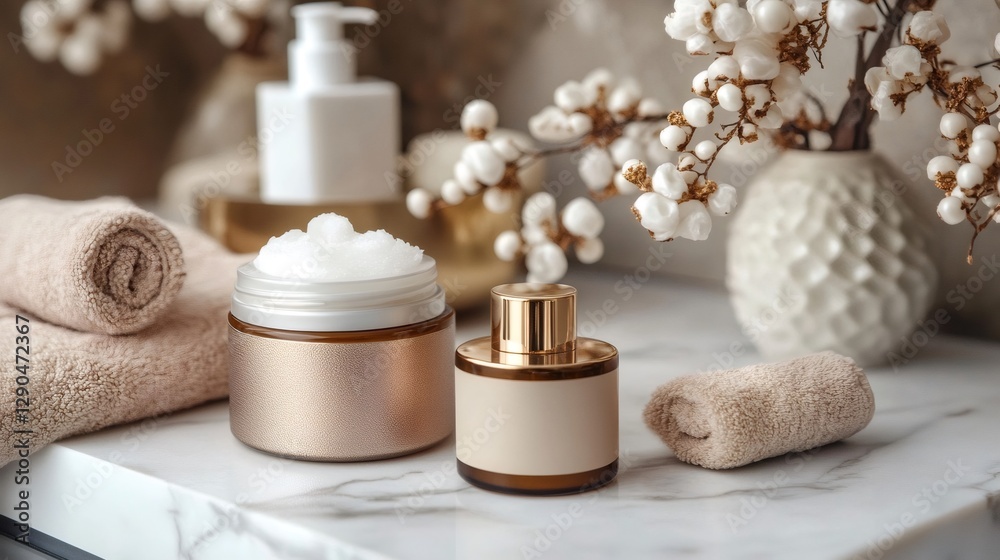 Body scrub, moisturizing cream and towels resting on marble countertop in modern bathroom Body scrub, moisturizing cream and towels resting on marble countertop in modern bathroom