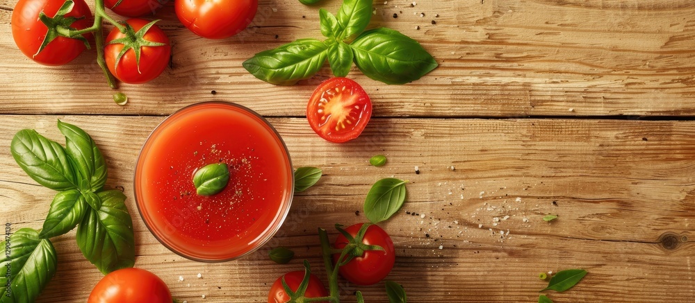 Fresh tomato juice in a glass garnished with basil on a wooden table surrounded by ripe tomatoes and basil leaves in a flat lay arrangement. Fresh tomato juice in a glass garnished with basil on a wooden table surrounded by ripe tomatoes and basil leaves in a flat lay arrangement.