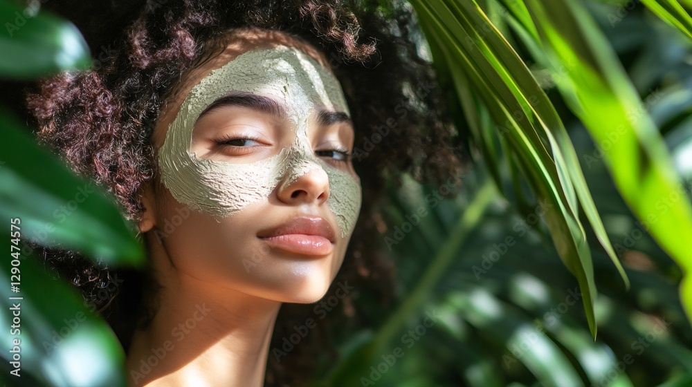Woman relaxing with clay mask surrounded by tropical plants Woman relaxing with clay mask surrounded by tropical plants